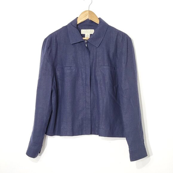 Norton McNaughton 💚 Navy Blue Woven Linen Blend Blazer Jacket Casual Lined 14 - Picture 1 of 8